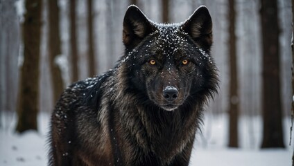 black wolf standing on a forest path in winter close-up