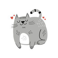 Сute striped gray cat isolated on white.Can be used for t-shirt print, stickers, greeting card design. Vector