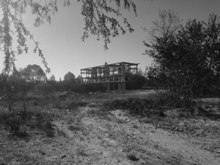 abandoned area industrial zone with old destroyed houses. stalker