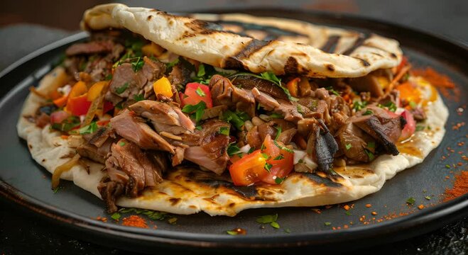 Savory Grilled Chicken Shawarma Doner Sandwich with Aromatic Spices and Beef. Concept Grilled Shawarma Doner, Savory Chicken, Aromatic Spices, Beef, Sandwich