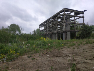 abandoned area industrial zone with old destroyed houses. stalker