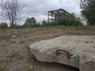 abandoned area industrial zone with old destroyed houses. stalker