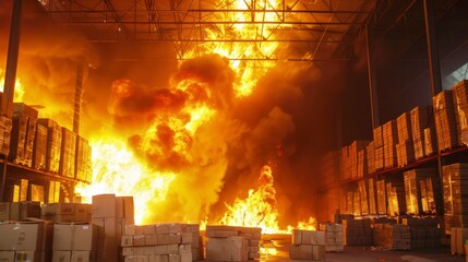 In a warehouse packed with boxes, a fire spreads quickly, endangering the stored goods and highlighting the need for urgent firefighting efforts.