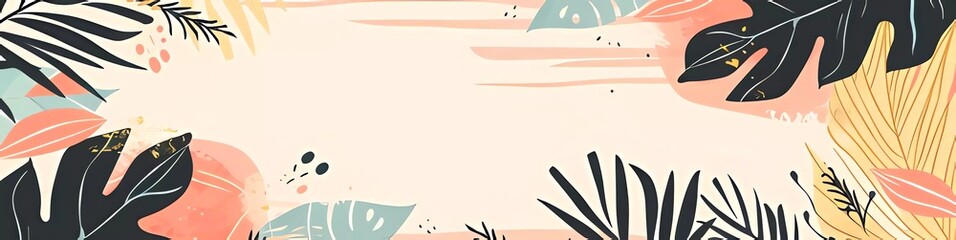Fototapeta premium Summer banner template, frame with tropical leaves,monstera, palm tree. Hello summer. Space for text.Poster, template for social media, banner, postcard. Cartoon illustration