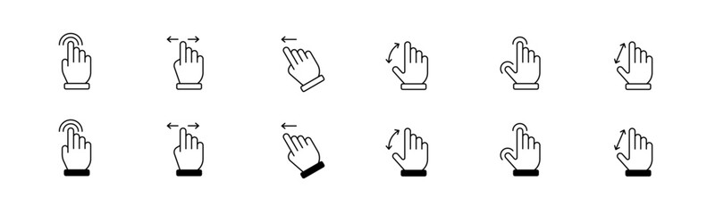 Touch gesture icon set. Line swipe gesture set. Touch screen gesture with hand