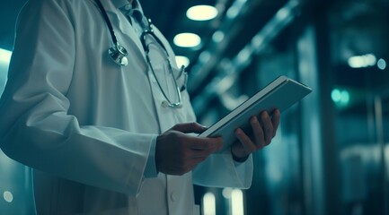 A doctor in a white coat with a stethoscope around his neck holding a tablet