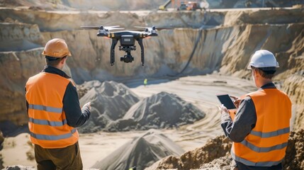 Operators and engineers collaborate as a professional team to assess operations at an industrial open pit mine and sand quarry, employing drones for comprehensive industrial inspections. - Powered by Adobe