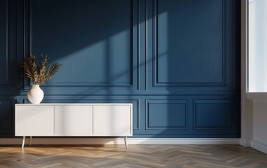 Modern living room interior with a white cabinet and dark blue wall mock up, Minimal style home design concept background, 3D rendering illustration