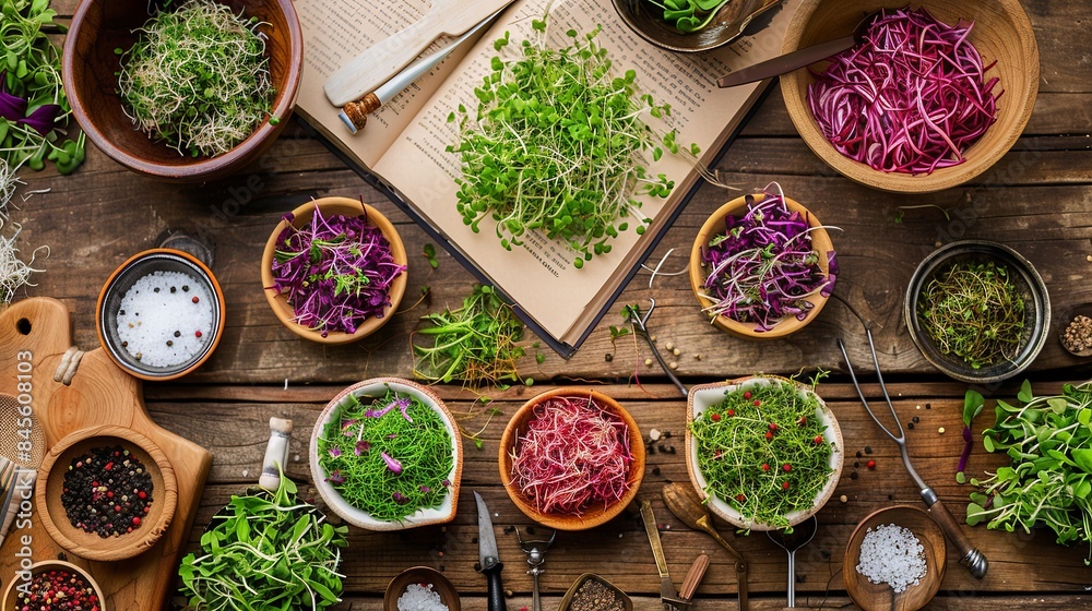Poster a variety of recipe books and printed recipes featuring microgreens are spread out on a rustic woode