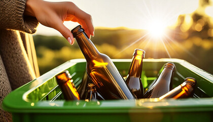Extreme close-up of a hand of woman while recycling a glass beer bottle into a green container for glass. Glass recycling and zero waste concept. Generative Ai.