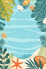 Summer sea banner template, frame with tropical leaves,monstera, palm tree, seashells, starfish. Hello summer. Space for text.Poster, template for social media, banner, postcard. Cartoon illustration