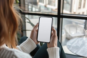 Woman Holding Smartphone with Blank Screen in Café