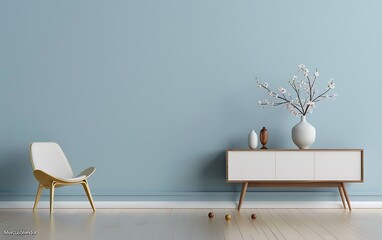 Modern living room interior with light blue wall and cabinet, 3d rendering in the style 