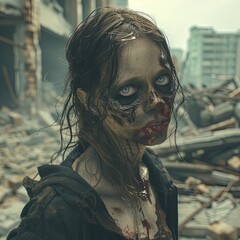 A pale-skinned female zombie with a blank stare, creature from horror and apocalypse stories - 4