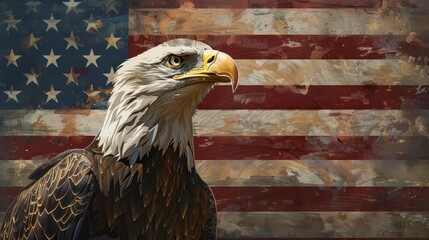 Naklejka premium patriotic american bald eagle in front of usa flag symbol of freedom and strength concept art