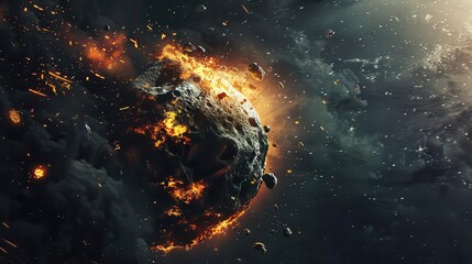 Massive asteroid threatening Earth, apocalyptic scenario, burning debris in space, dark and dramatic, highdefinition, realistic textures