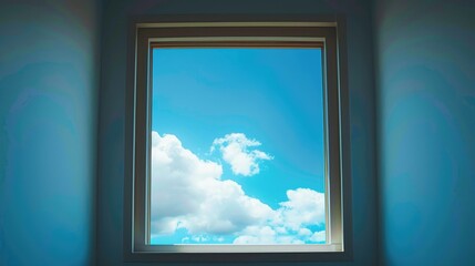 View of the sky s blue expanse from the window of a second story bedroom