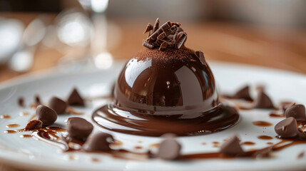 Indulgent chocolate dessert with a smooth, melting texture on a white plate