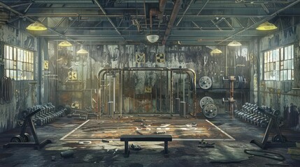 postapocalyptic wasteland themed gym with rugged workouts concept illustration