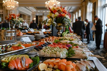 Elegant Seafood Buffet Featuring Sushi and Grilled Fish at Upscale Event - Ideal for Luxury Dining Promotions