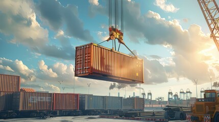 Container lifted by a crane for seamless loading onto a train, showcasing streamlined transportation processes