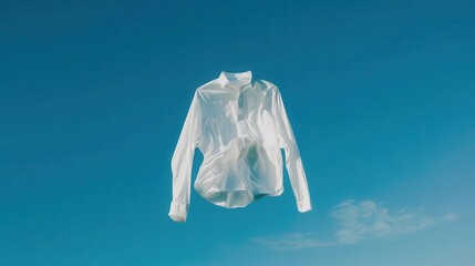 pristine white shirt floats effortlessly against vibrant blue sky minimalist conceptual photograph