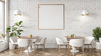 a cafe interior featuring white brick walls, wooden tables, and charming green pendant lamps, with an empty poster frame adorning one of the walls above a cozy table and chair setup.