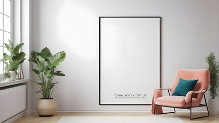 Fototapeta premium Poster frame mock-up in home interior background with sofa, table and decor in living room; Interior mockup with house background; Modern interior design; 3D render
