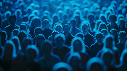 A large crowd of diverse people standing close together under blue lighting. The image has a slightly blurred effect, creating a sense of unity and anonymity, emphasizing the mass gathering.