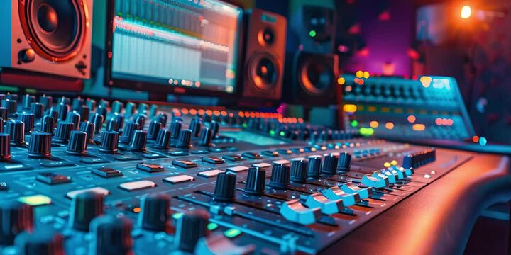Sleek recording studio interior with digital sound mixing console and professional equipment. Concept Recording Studios, Sound Mixing Consoles, Professional Equipment, Interior Design
