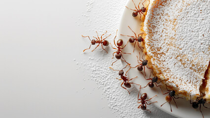 Group of ants swarming over piece of dessert