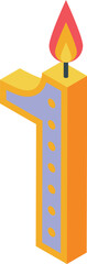 Number one birthday candle burning with a flame isometric icon