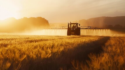 Naklejka premium Explore the picturesque beauty of a field as a tractor tends to crops, ensuring optimal growth and productivity