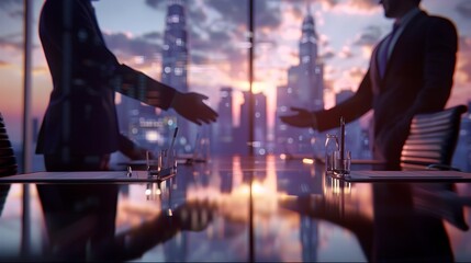 Corporate Handshake Agreement in Boardroom with Cityscape Backdrop