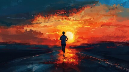 silhouette of runner on sunrise road inspiring athlete motivation digital painting