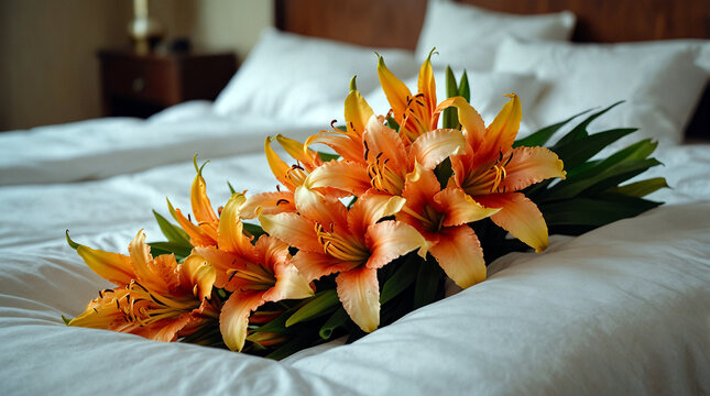 A bouquet of  hedychium coronarium flower on hotel bed