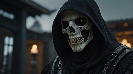 Scary portrait of horrifying Reaper with skeleton face, spooky dark black model, halloween and death related