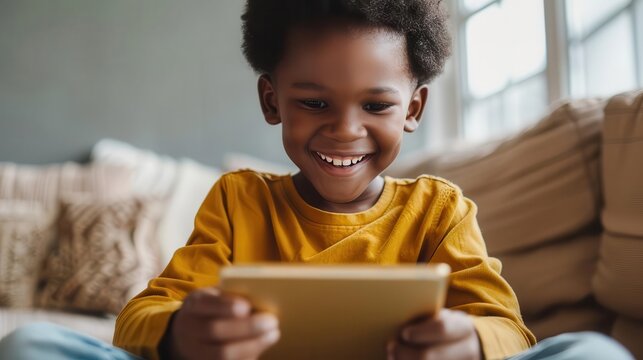 smiling african american child using digital tablet happy black boy enjoying educational games modern technology concept