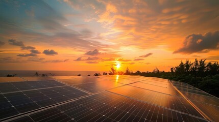 Fototapeta premium solar panels harness suns energy on ecofriendly home rooftop vibrant sunset landscape photograph