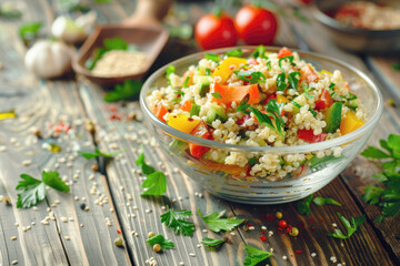 Fresh Proso Millet Salad with Colorful Vegetables and Light Vinaigrette in Glass Bowl