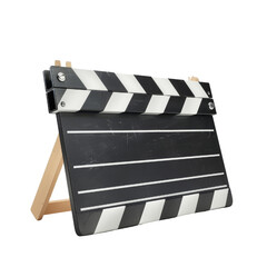 Fototapeta premium Close-up image of a classic black and white movie clapperboard, used in film production to mark scenes and synchronize sound. transparent background.