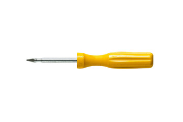 Close-up image of a yellow screwdriver with a flathead tip, isolated on a white background, highlighting the tool's ergonomic design and  functionality. transparent background.