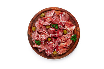 Assortment , sliced meat appetizer, prosciutto, salami and ham, with olives, on a wooden board,...