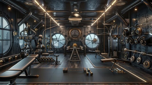 steampunkthemed gym with industrial decor and airshipinspired equipment 3d illustration