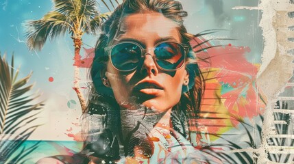 stylish woman in sunglasses tropical beach collage with graphic elements