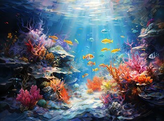 Vibrant underwater coral reef scene with colorful fish swimming and sunlight filtering through the ocean, depicting marine life beauty.