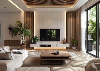 Modern living room with big TV on the wall, 3d rendering illustration mock up stock photo 