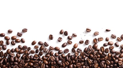 The image features three isolated roasted coffee beans against a clean white background. Their rich, dark tones and intricate textures emphasize the premium quality of the coffee.