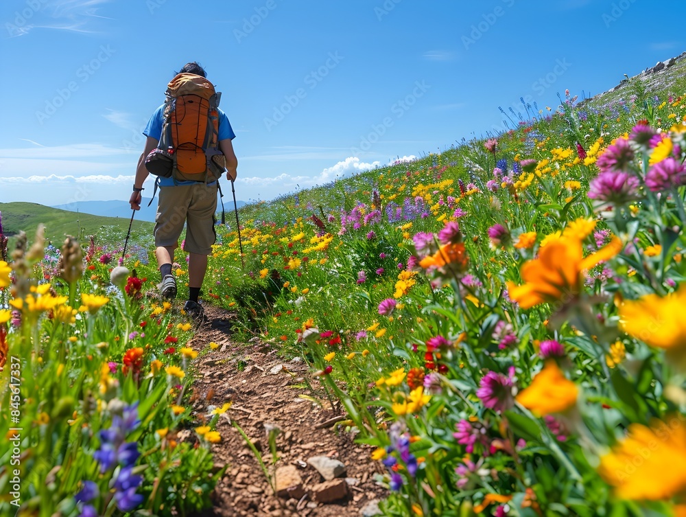 Poster hiking through a vibrant wildflower meadow under a brilliant blue sky