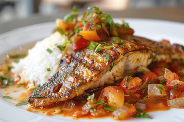 Malian Grilled Nile Perch with Tomato and Onion Sauce, Rice, and Vegetables